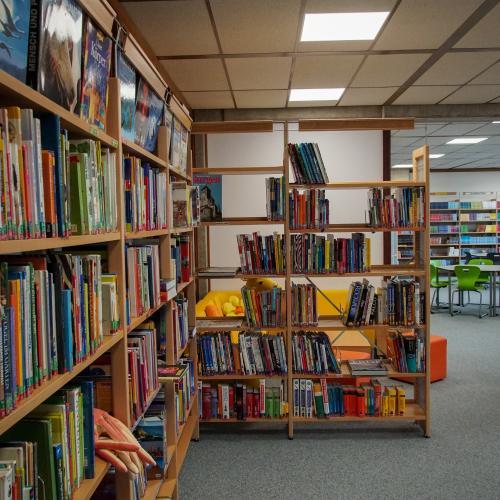 Blick auf die vollen Bücherregale der Bücherei